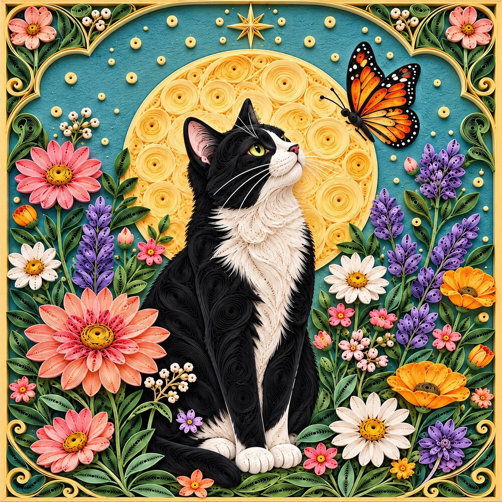 8x10 Framed Cat Moon Floral Quilling Art Print